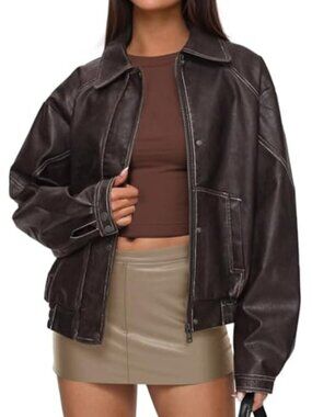 🆕 Faux Leather Jacket Women Bomber Motorcycle Zip Up Jackets Oversized Fall